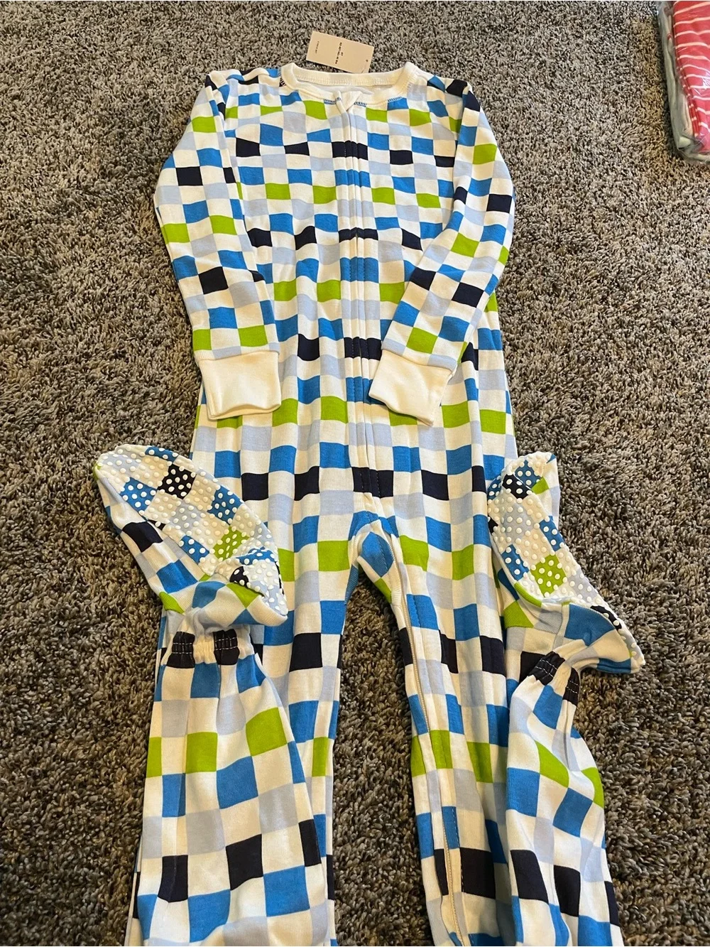 Old Navy Blue, Green, Navy & White Check One-Piece Footed Pajamas